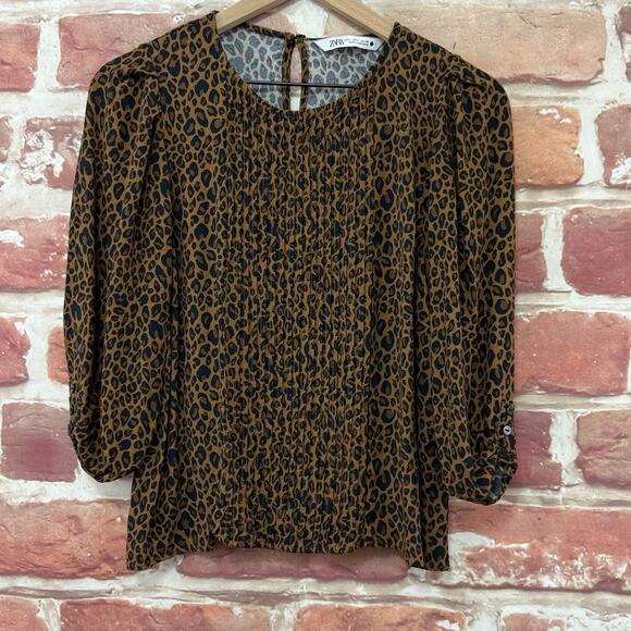 Zara Tops - Zara Top Women's Large Brown Black Animal Print Casual Career Pleated Shirt
